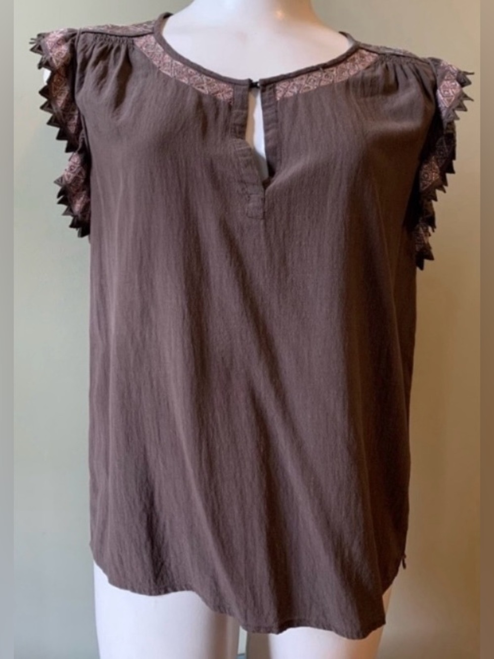 Scotch & Soda Brown Embroidered Cap Sleeve Blouse